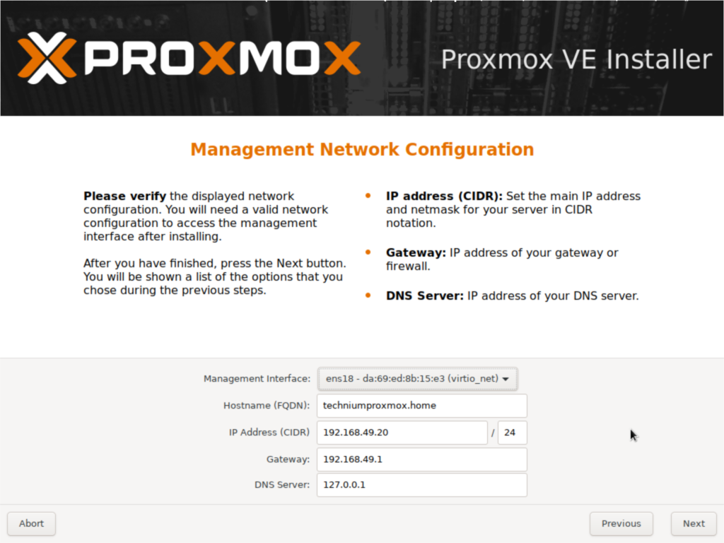 Proxmox VE Installer Management Network Configuration