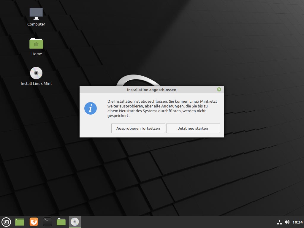 Linux Mint 20.1 installieren - reboot