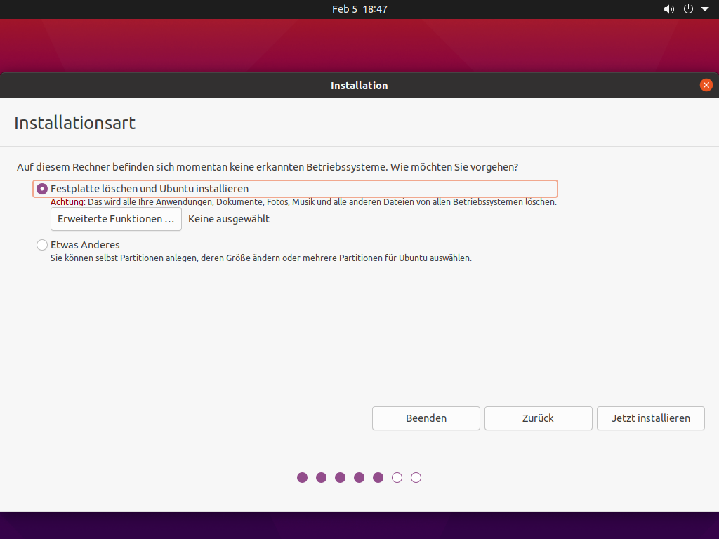 Ubuntu 21.04 installieren - installationsart