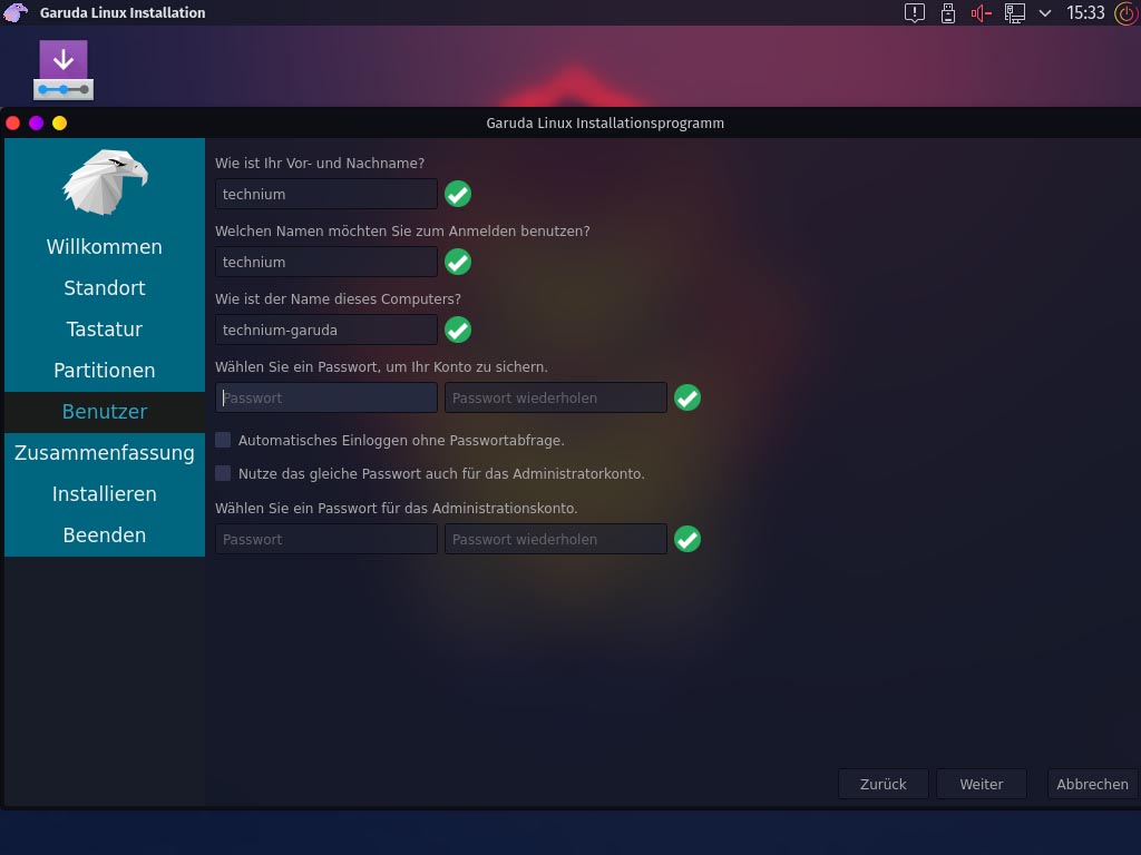 Garuda Linux installiern - benutzer