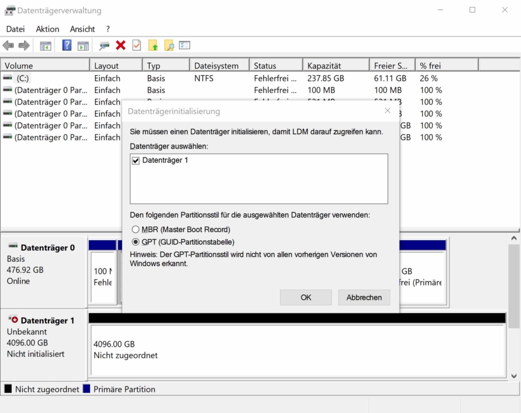 Windows 10 iSCSI Verbindung erstellen - Fetsplattenpartitionen erstellen und formatieren - Datenträgerinitialisierung