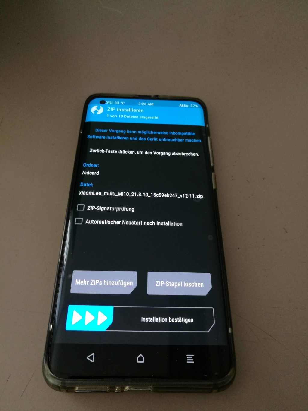 Xiaomi Mi 10 EU ROM Update - Installation bestätigen