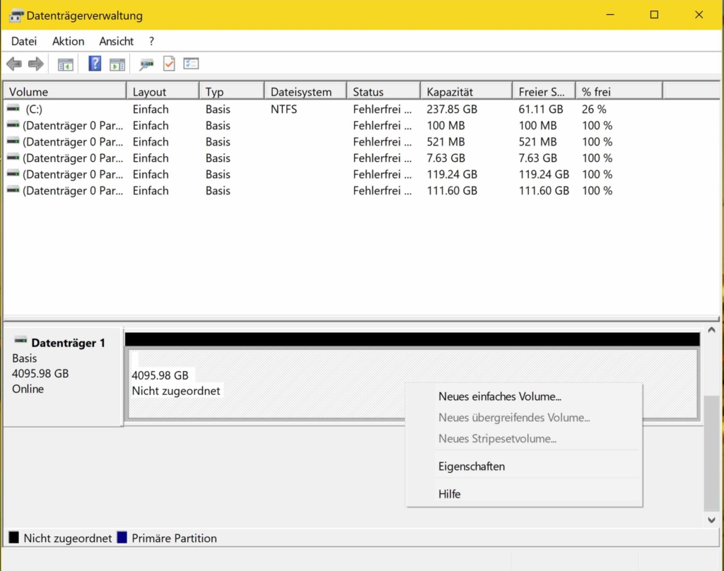 Windows 10 iSCSI Verbindung erstellen - Fetsplattenpartitionen erstellen und formatieren - Formatieren