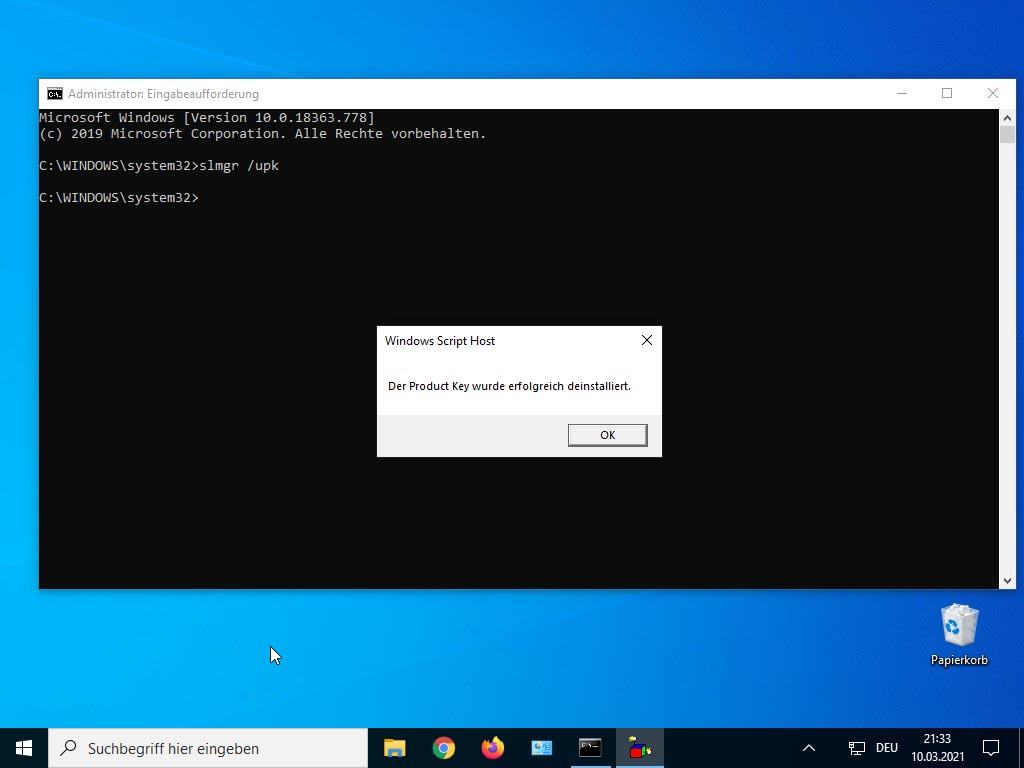 Windows 10 Key deaktivieren - slmgr upk