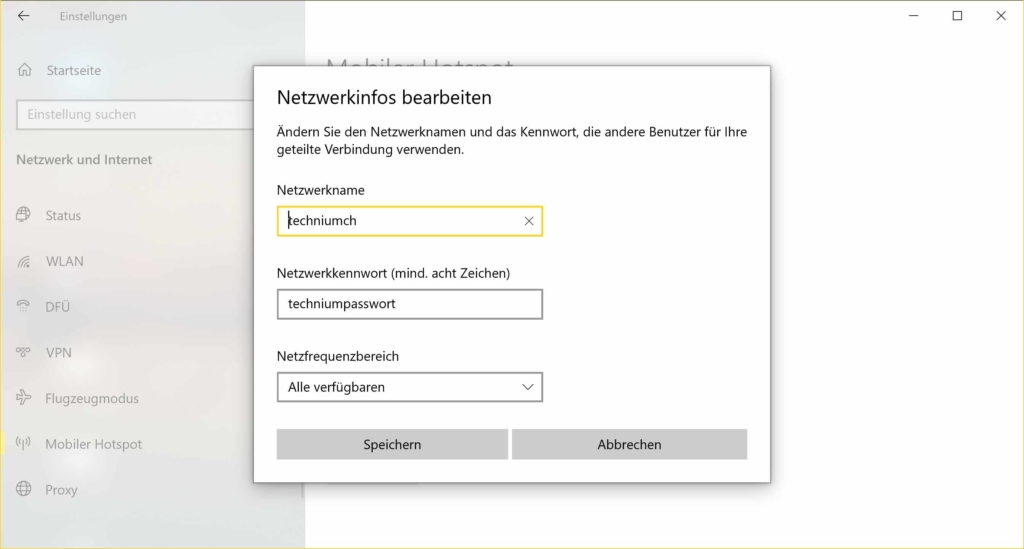 Windows 10 Hotspot - Netzwerkinfos bearbeiten