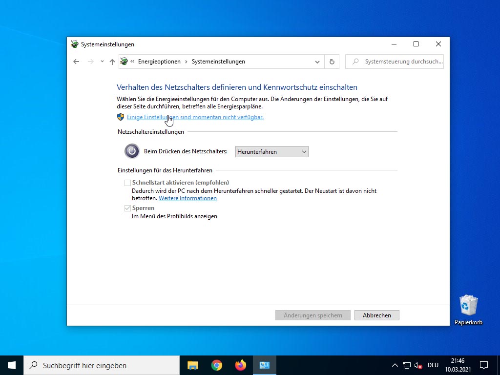Windows 10 Schnellstart deaktivieren - Einige Einstellungen sind momentan nicht verfügbar