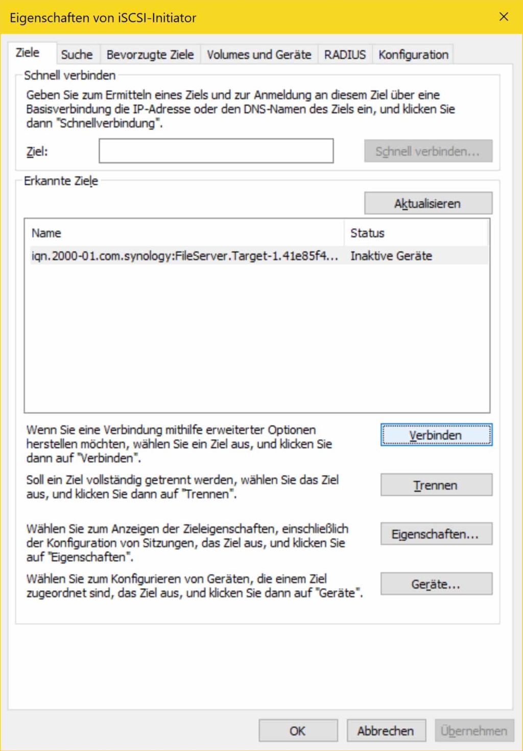 Windows 10 iSCSI Verbindung erstellen - iSCSI Verbinden