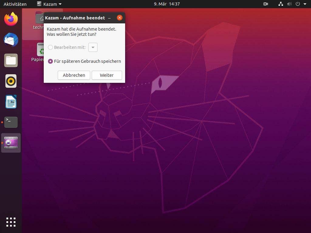Debian Screen recording mit Kazam - kazam save