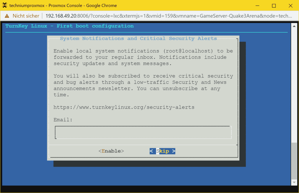 Proxmox Quake 3 Arena Server LXC Container (TurnKey) - email