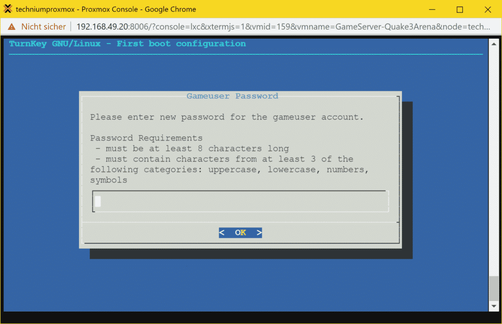 Proxmox Quake 3 Arena Server LXC Container (TurnKey) - set password