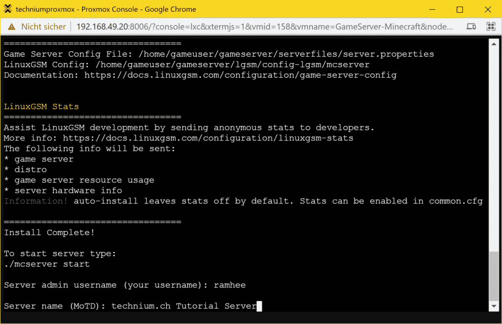 Proxmox Minecraft Server LXC Container (TurnKey) - username and motd