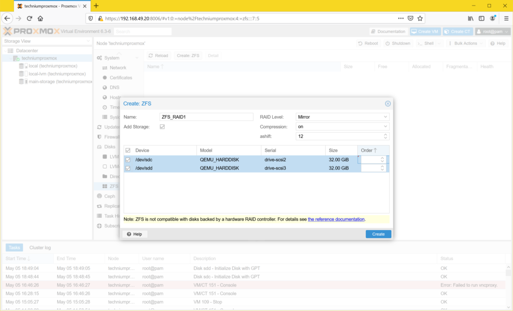 Proxmox ZFS Mirror / ZFS RAID 1 erstellen Tutorial Technium