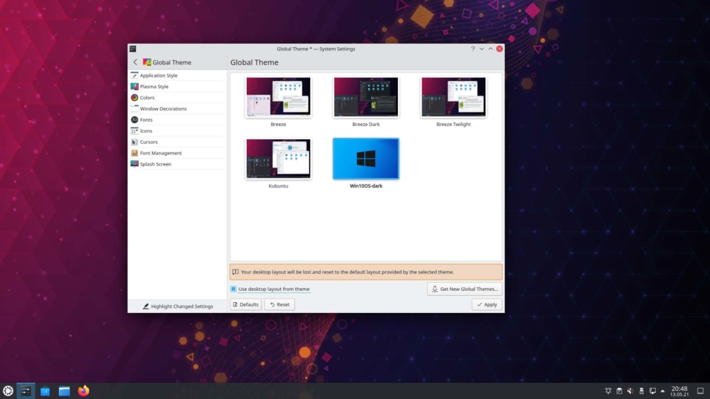 Kubuntu Windows 10 Theme installieren - Win10OS-dark auswählen