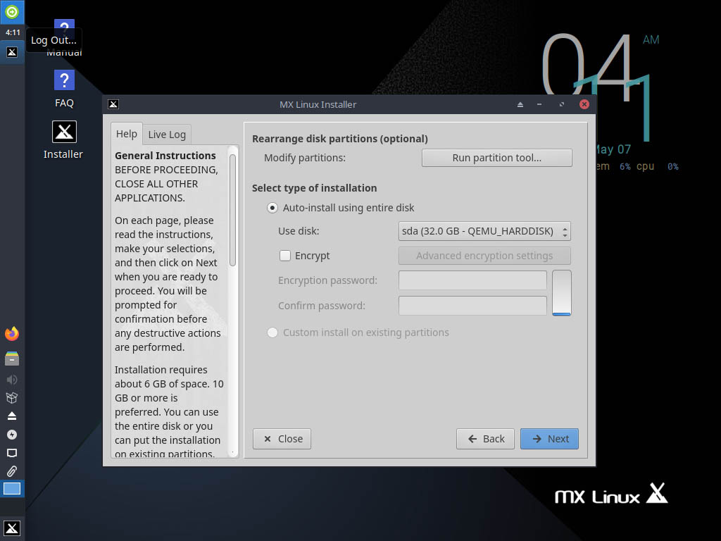 MX Linux 19.4 installieren - select disk