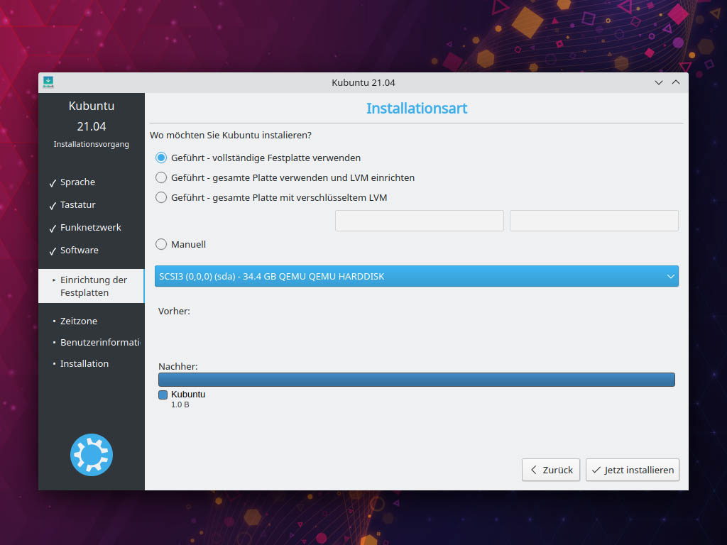 Kubuntu 21.04 installieren - Installationsart
