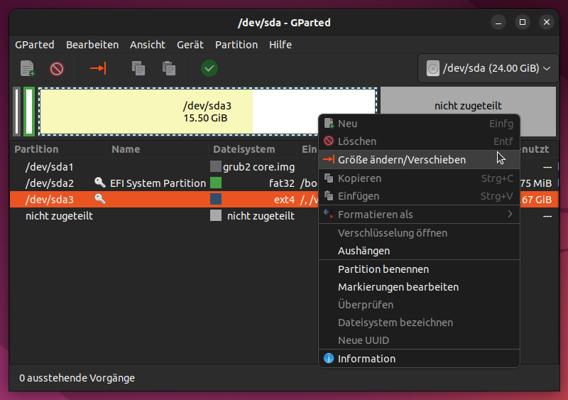 Ubuntu LVM mit GParted vergroessern 4 Groesse aendern verschieben