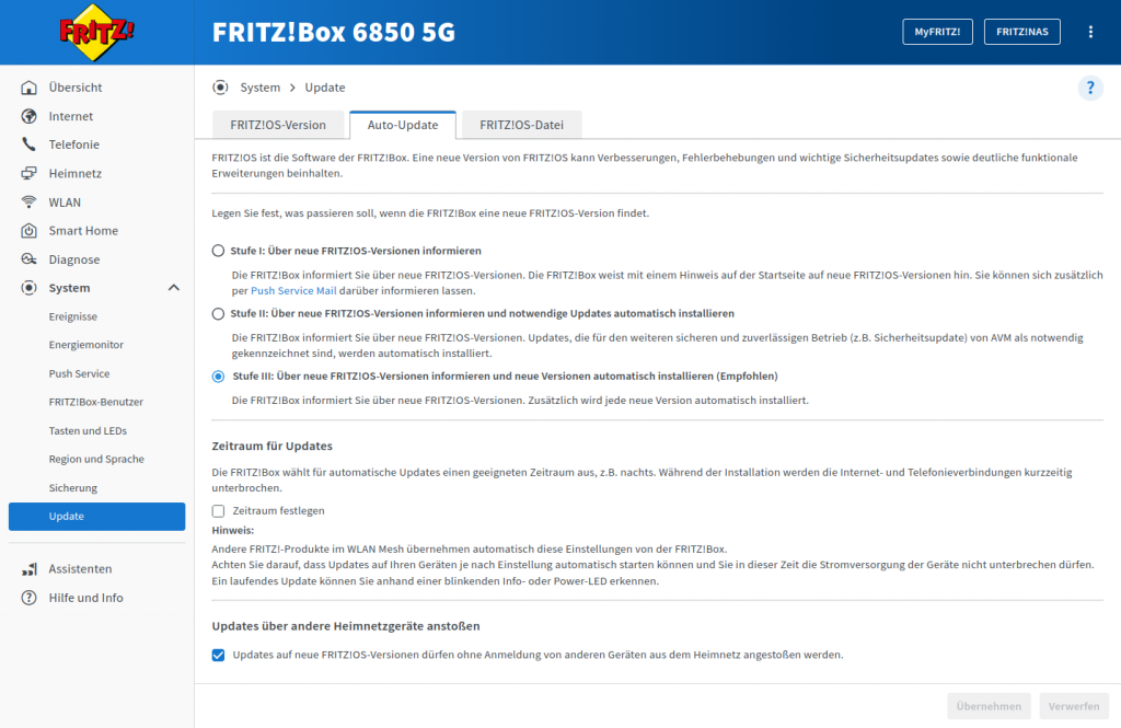 FRITZ!Box 6850 5G automatisch Updaten Auto Update