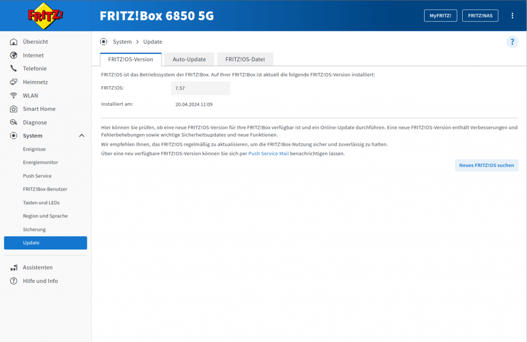 FRITZ!Box 6850 5G automatisch Updaten FRITZ!OS Version