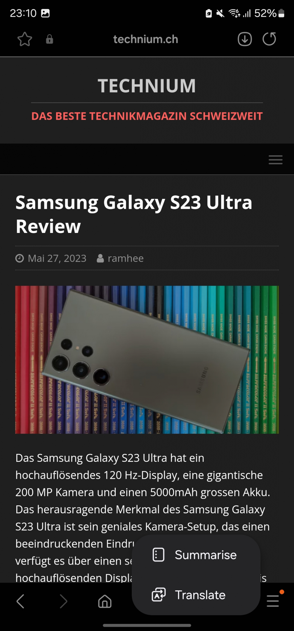 Samsung Galaxy S23 Ultra AI Features Samsung Browser summarise translate