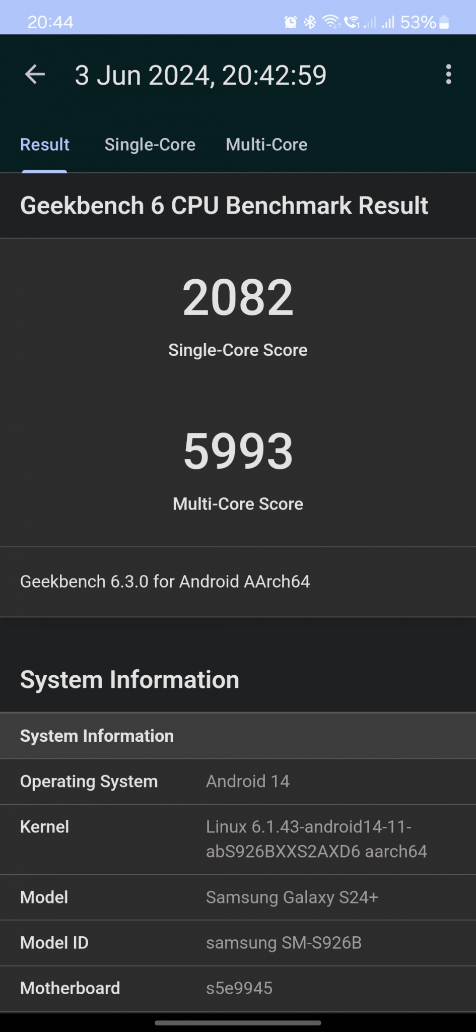 Samsung Galaxy S24+ Geekbench 6 CPU Score