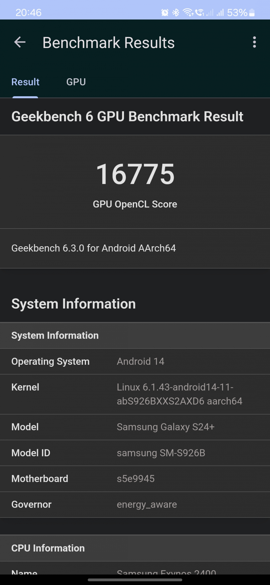 Samsung S24+ Geekbench 6 GPU OpenCL Score