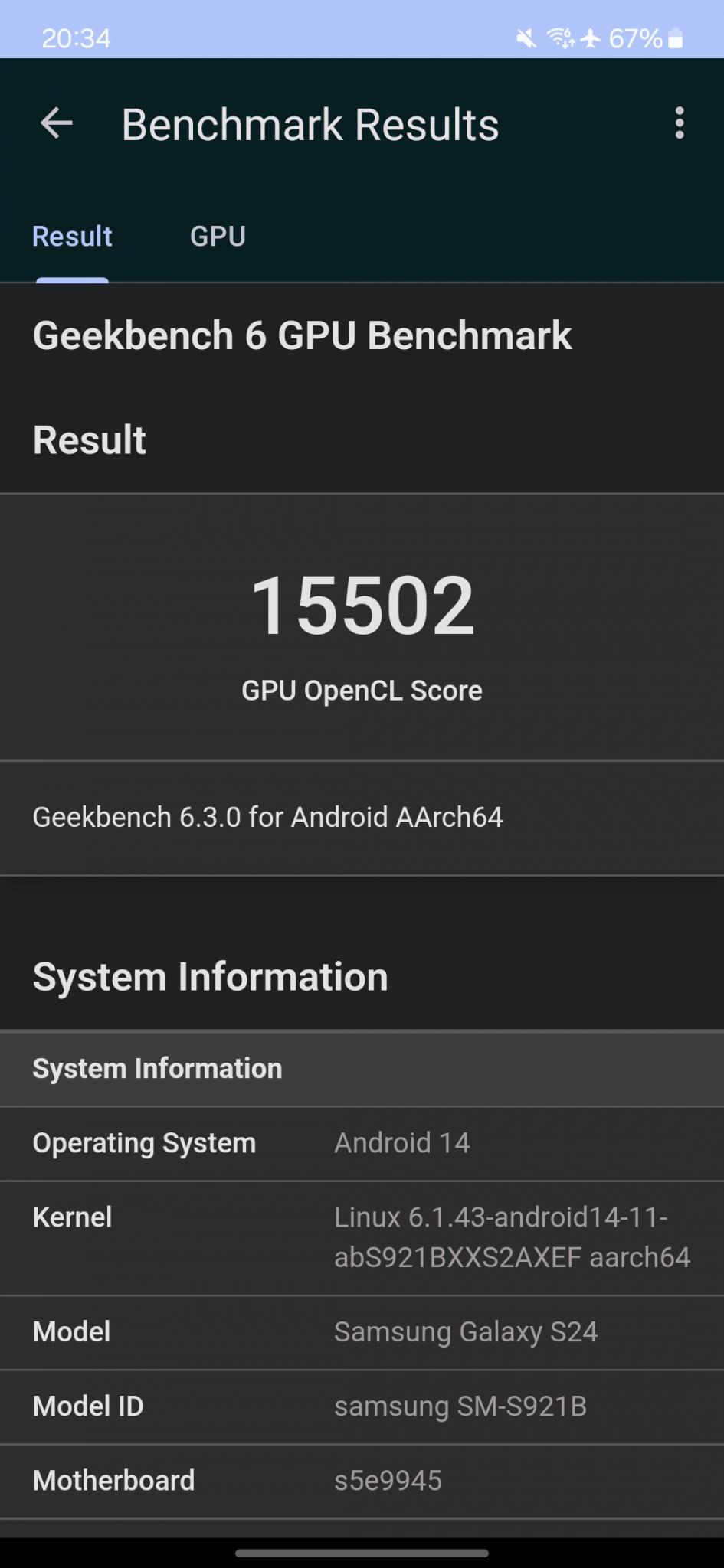 Samsung S24 Geekbench 6 GPU OpenCL Score