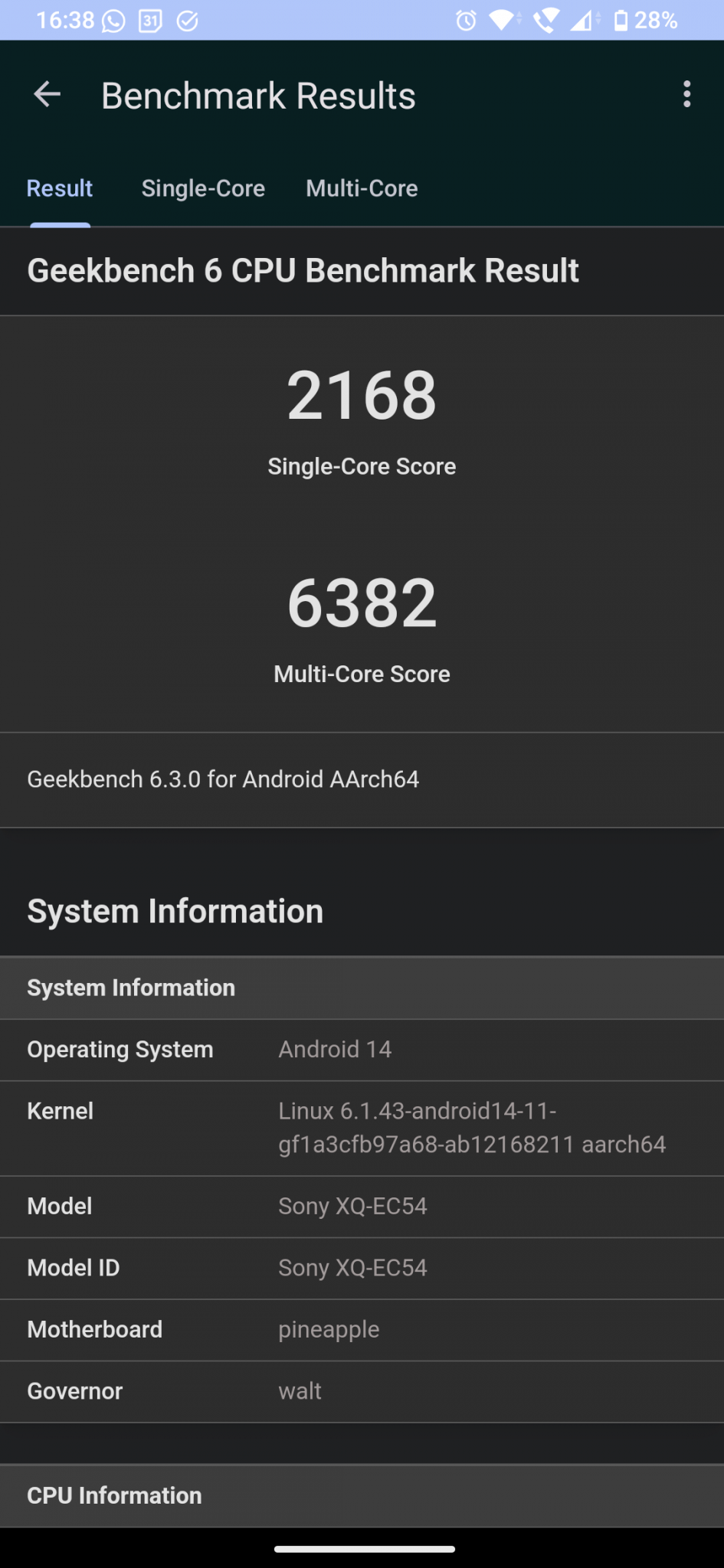 Sony Xperia 1 VI Geekbench 6 CPU Score