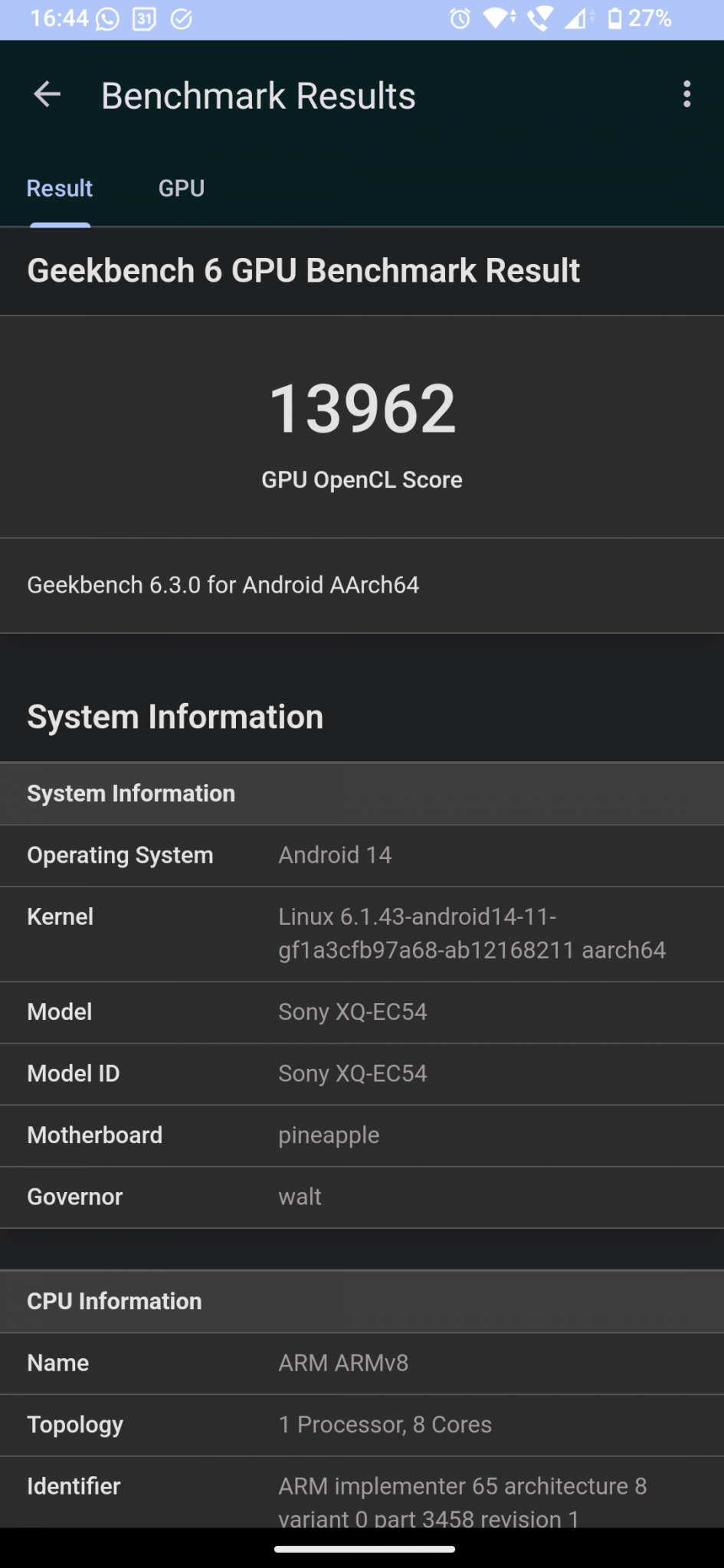 Sony Xperia 1 VI Geekbench 6 GPU OpenCL Score